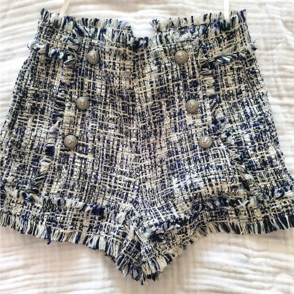 High-Waist Tweed Shorts with Frayed Hem - Navy & White ♥️🛍️